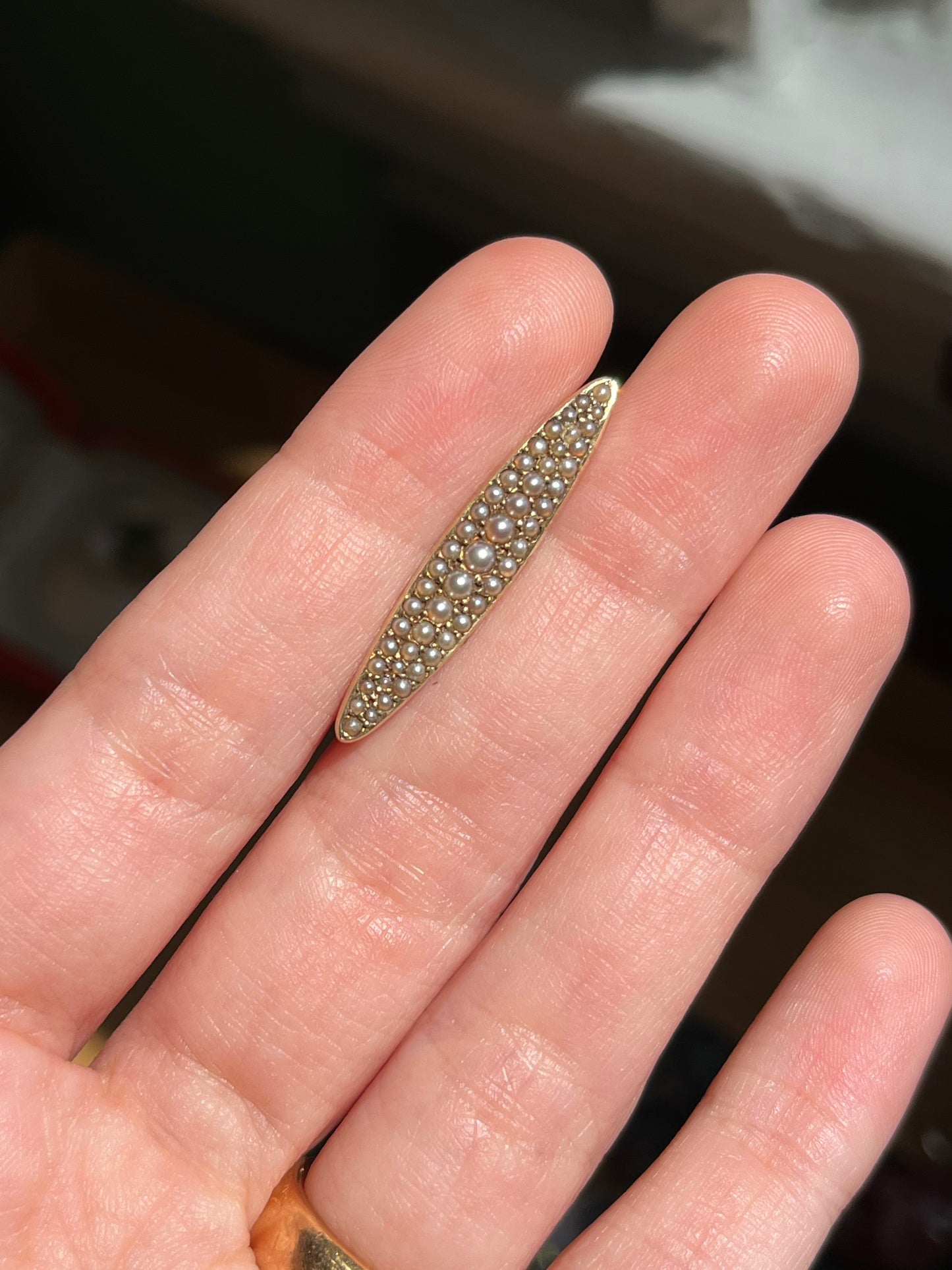 Antique 14K Yellow Gold and Pearl Pave Brooch