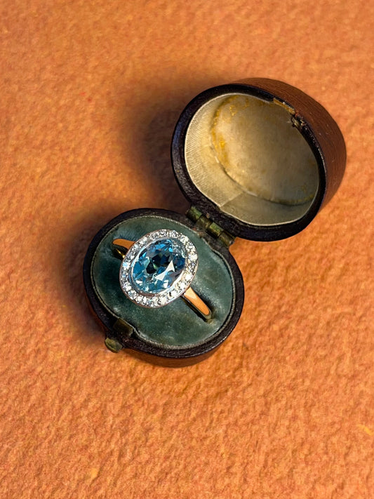 Vintage Aquamarine and Diamond Halo Ring in 14K and Platinum