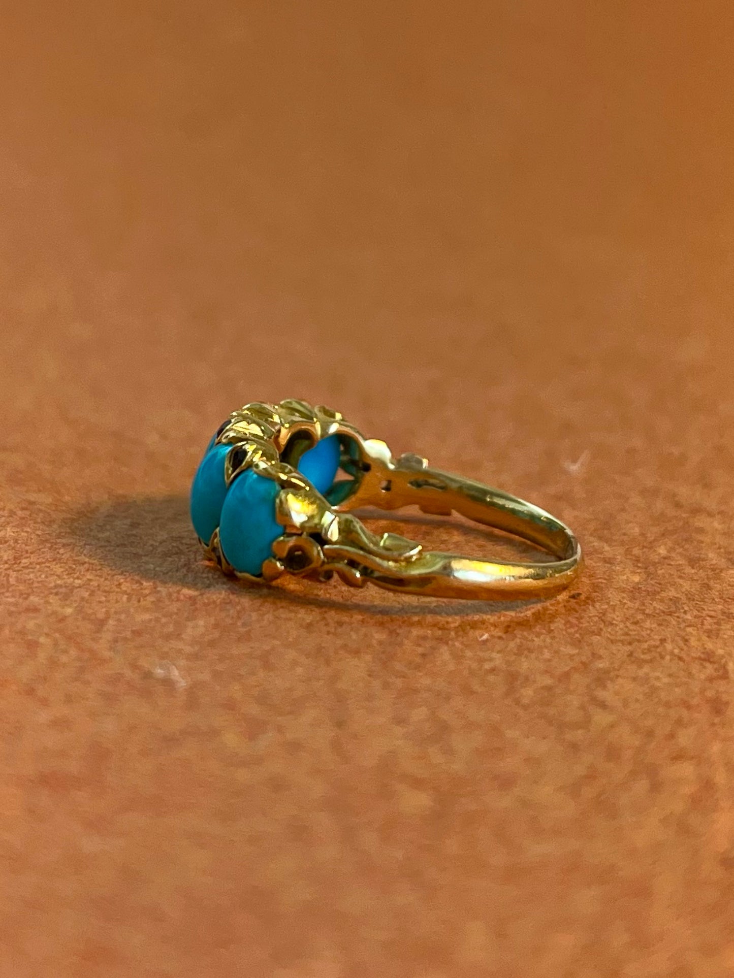 Antique Art Nouveau 18K and Turquoise Five Stone Ring with Rubies