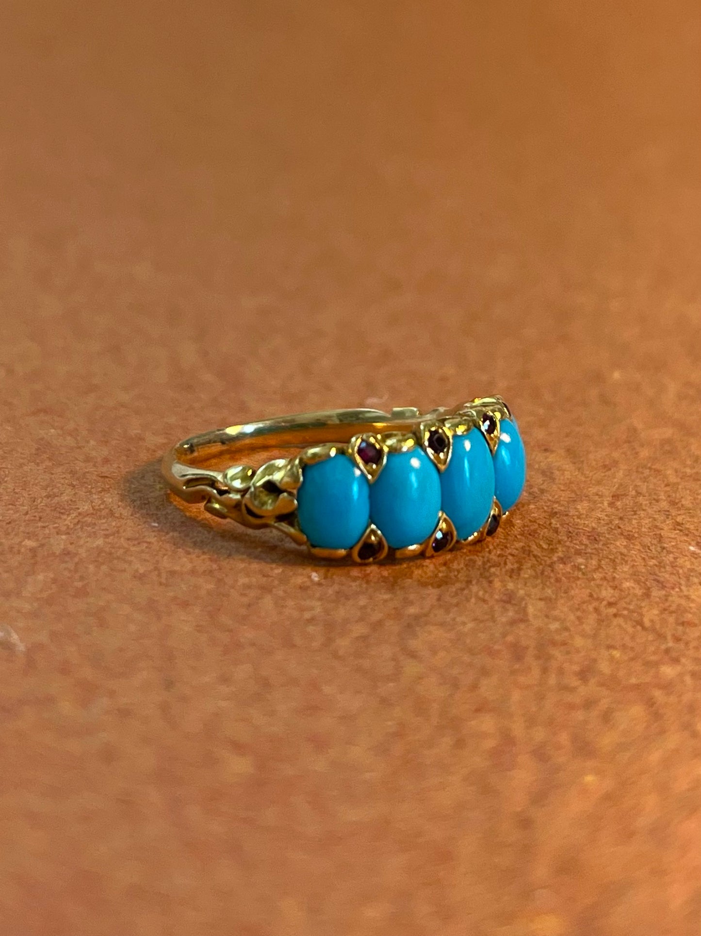 Antique Art Nouveau 18K and Turquoise Five Stone Ring with Rubies