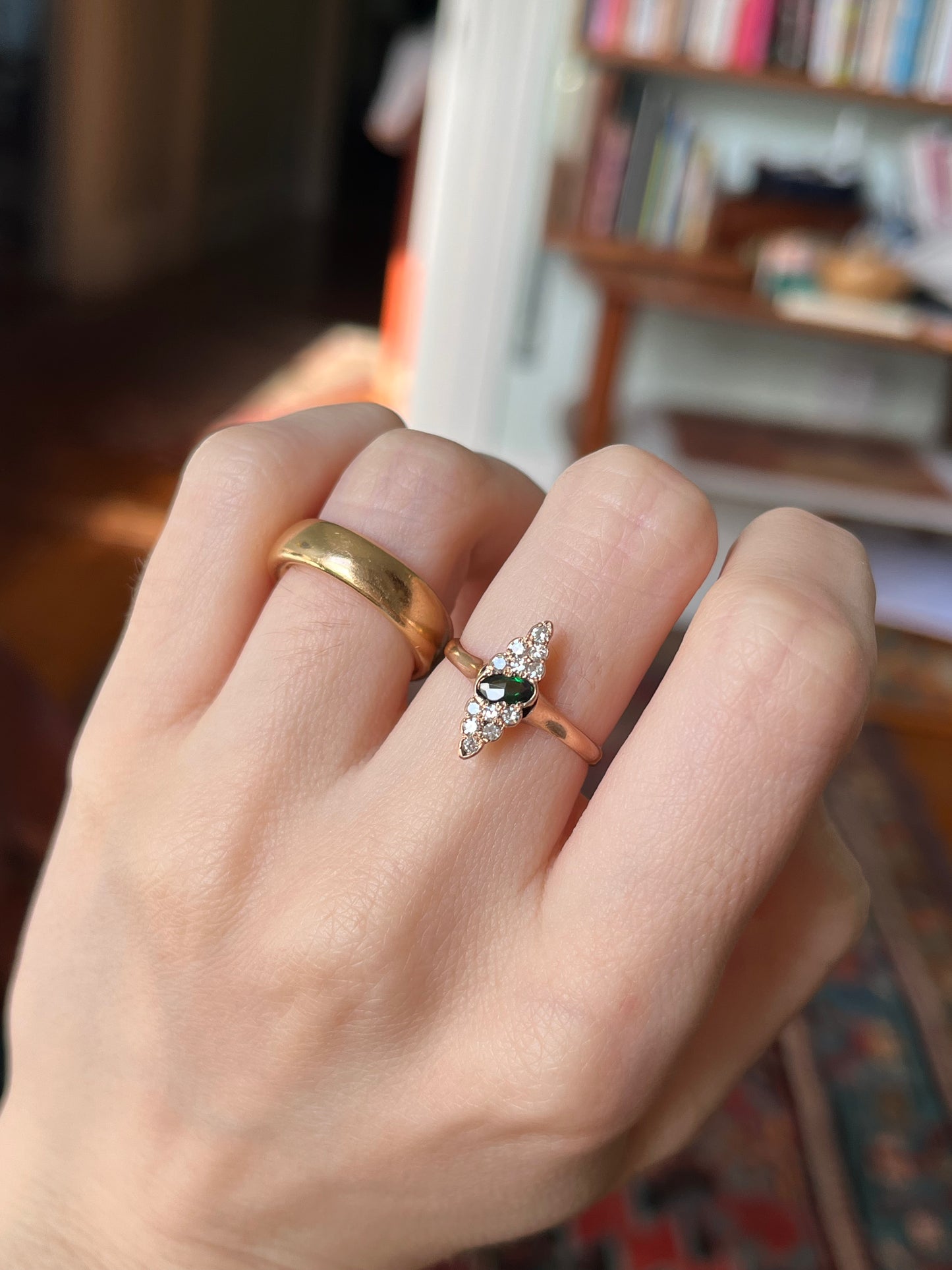 Antique 10K Diamond and Tourmaline Navette Ring