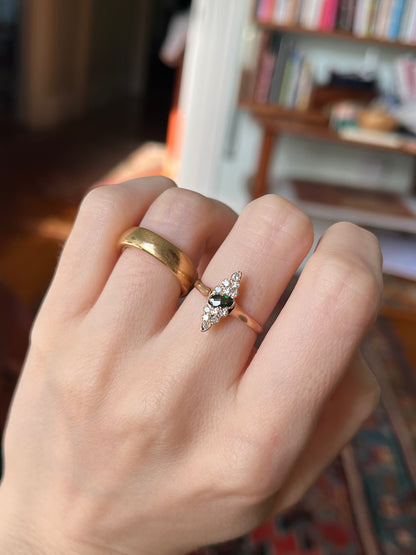Antique 10K Diamond and Tourmaline Navette Ring