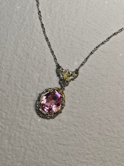 Art Deco White Gold Filled Pink Paste Necklace, Dead Stock
