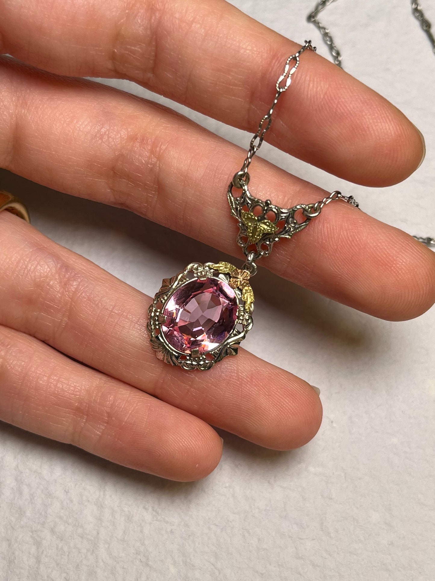 Art Deco White Gold Filled Pink Paste Necklace, Dead Stock