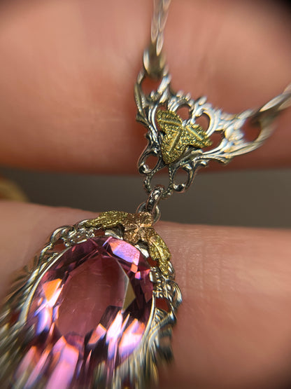 Art Deco White Gold Filled Pink Paste Necklace, Dead Stock