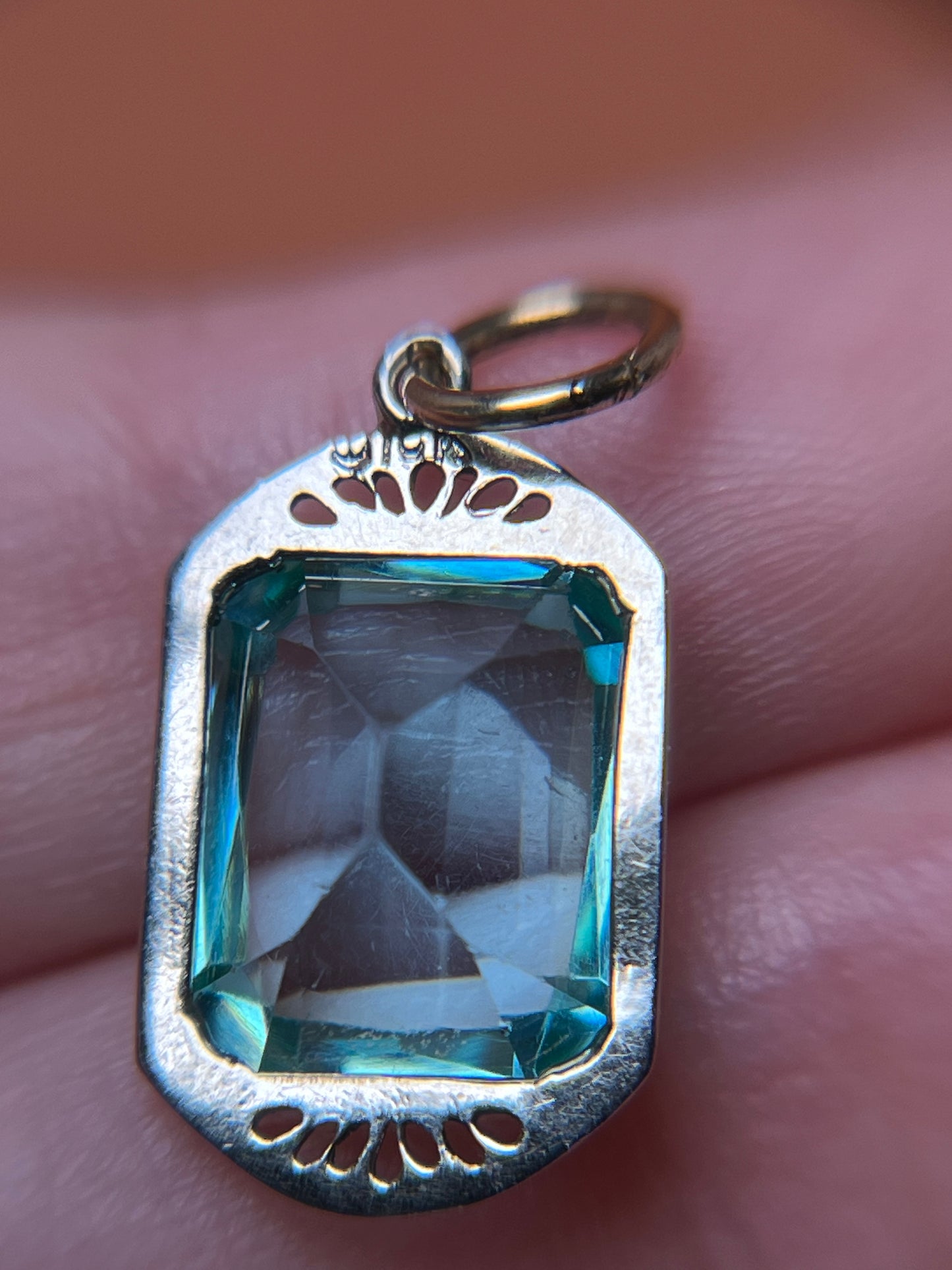 Art Deco 10K White Gold Filigree and Aqua Paste Pendant