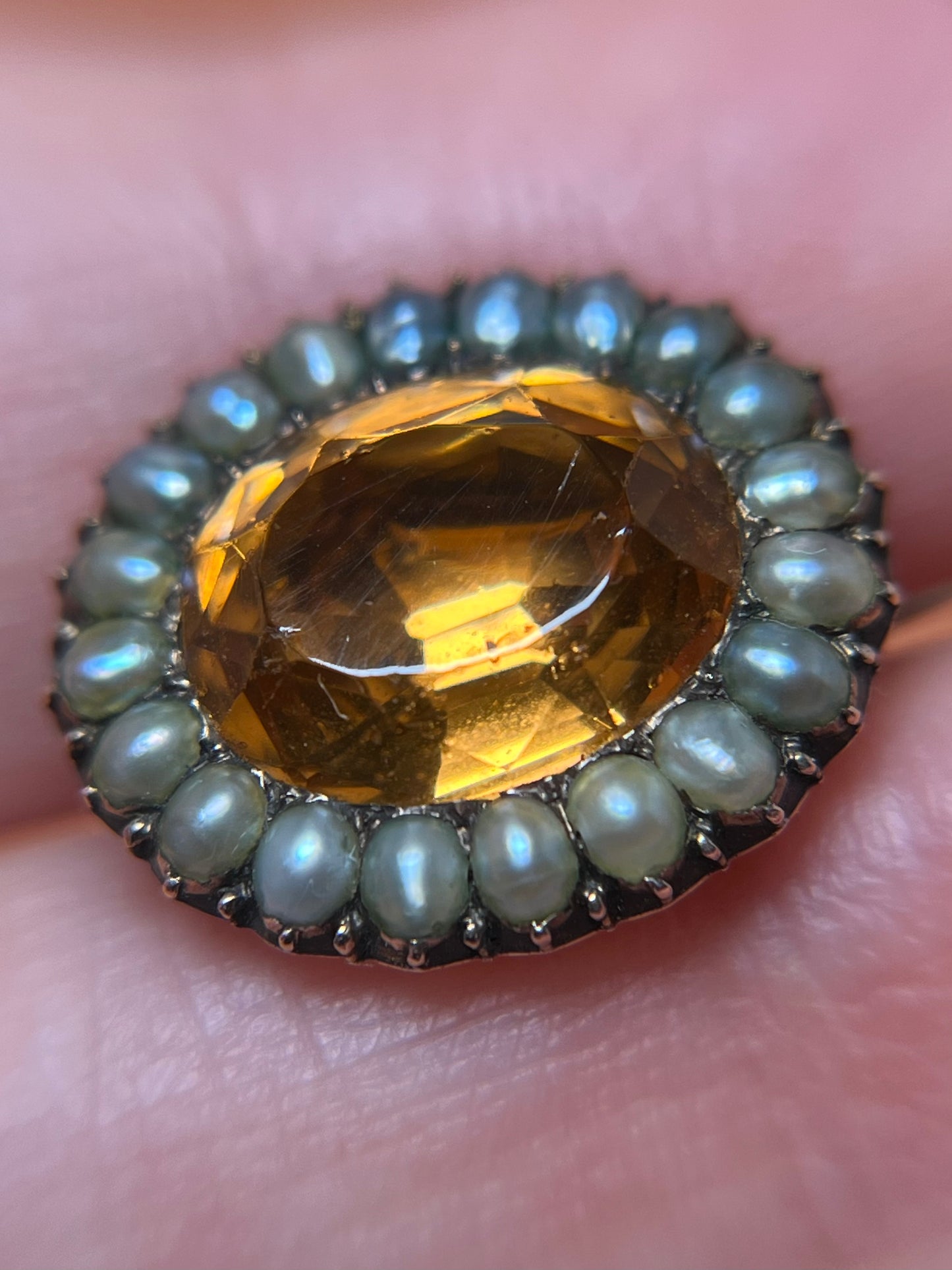 Antique Georgian Topaz Paste with Seed Pearl Halo Brooch
