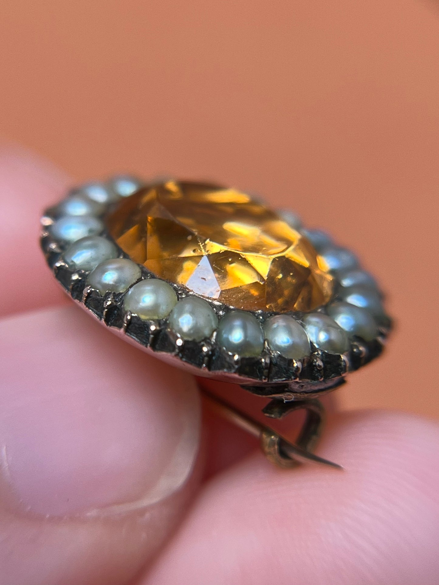 Antique Georgian Topaz Paste with Seed Pearl Halo Brooch