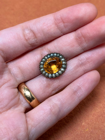 Antique Georgian Topaz Paste with Seed Pearl Halo Brooch