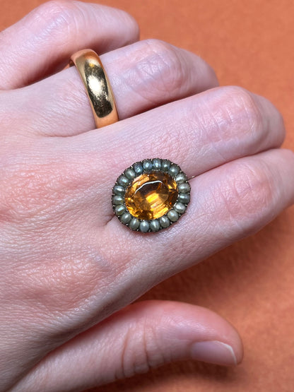 Antique Georgian Topaz Paste with Seed Pearl Halo Brooch