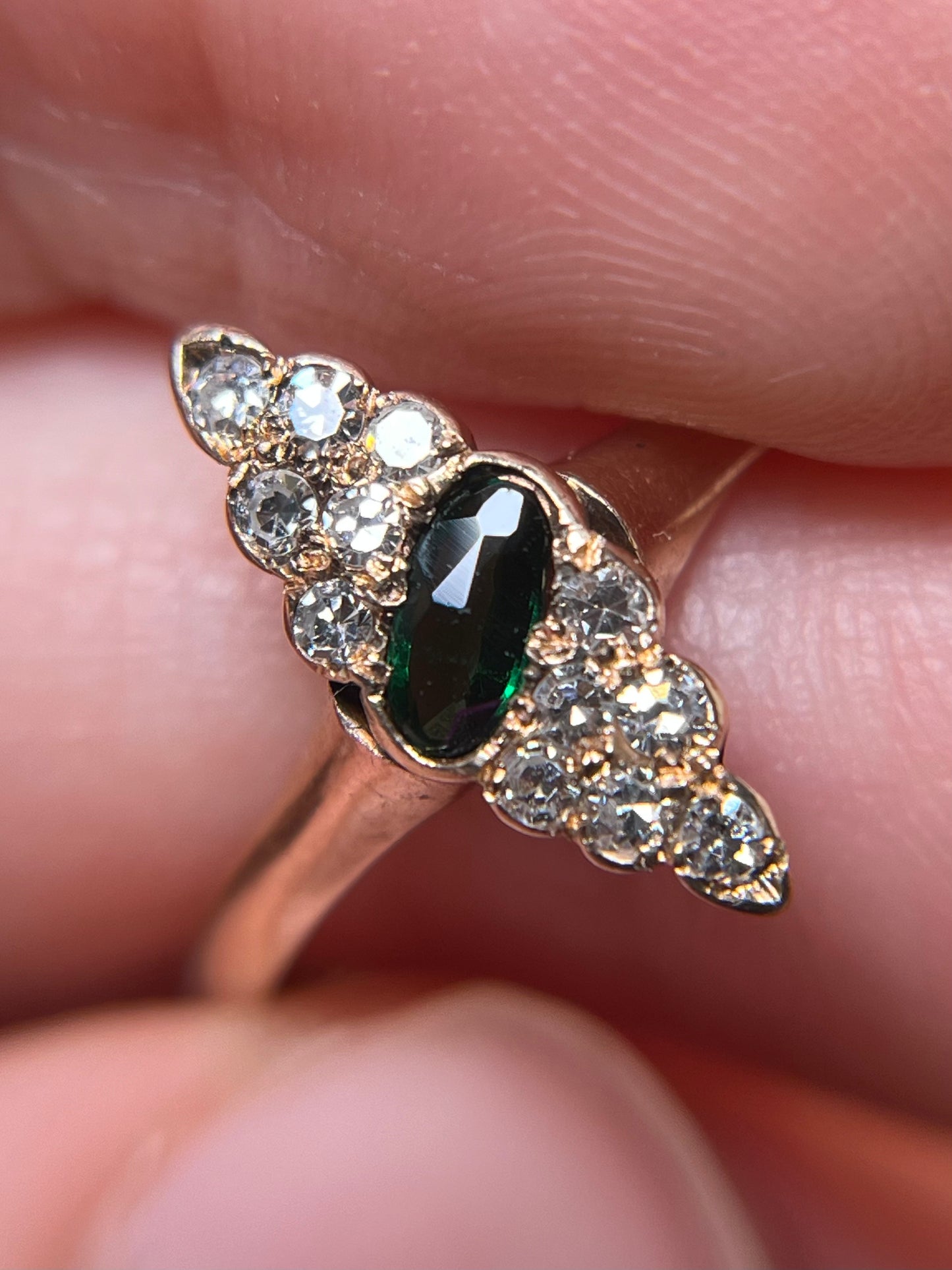 Antique 10K Diamond and Tourmaline Navette Ring