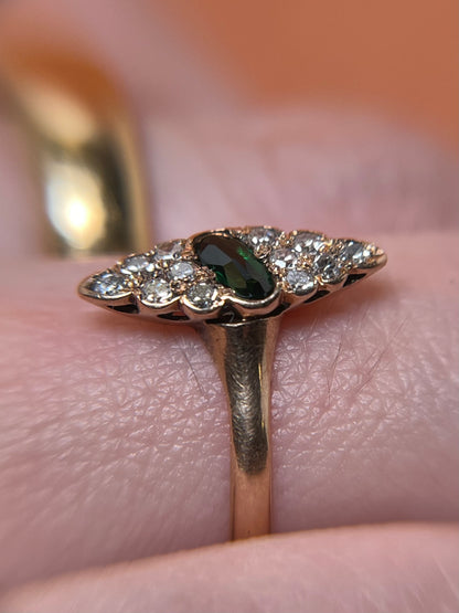 Antique 10K Diamond and Tourmaline Navette Ring