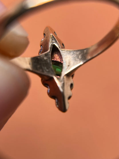 Antique 10K Diamond and Tourmaline Navette Ring