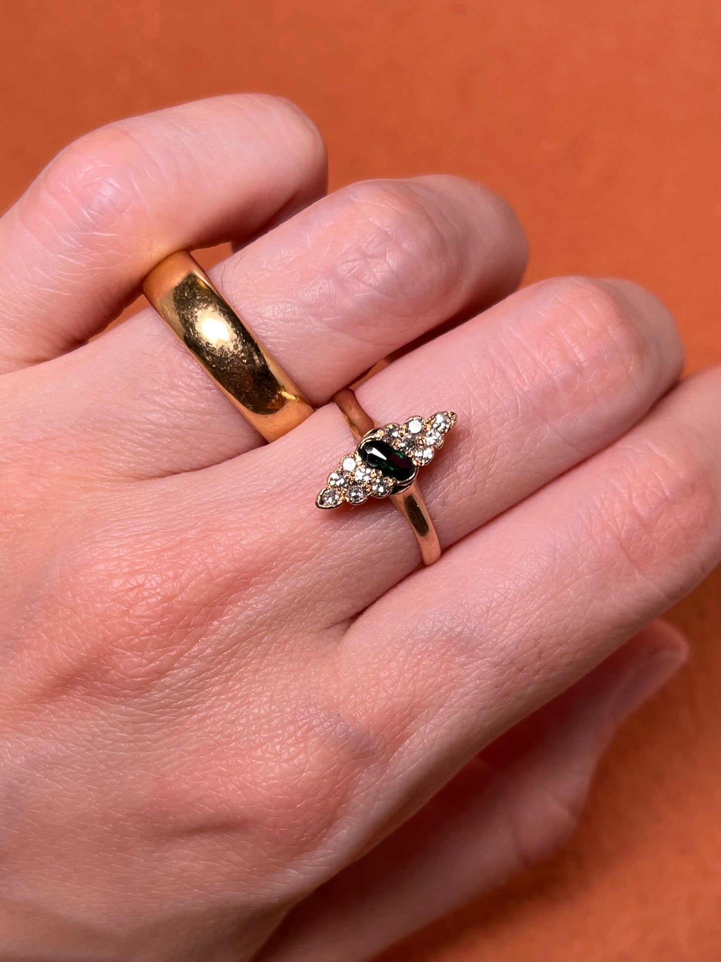 Antique 10K Diamond and Tourmaline Navette Ring