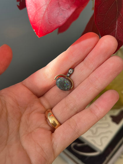 14K and Sterling Antique Pendant with Boulder Opal Bead and Old Cut Diamond Bail