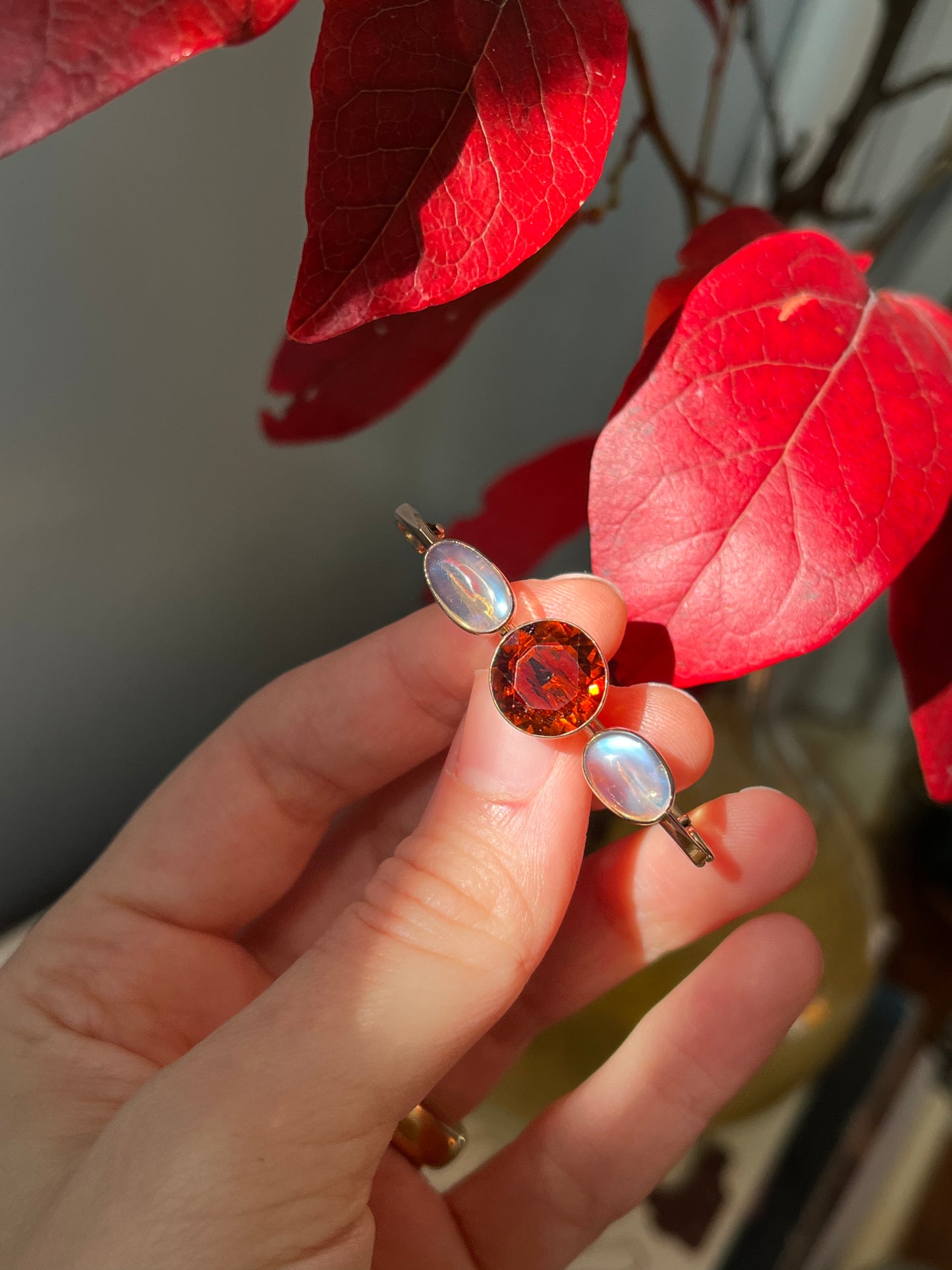 Antique 9K Moonstone and Citrine Brooch