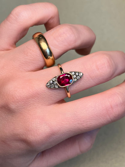Antique ~2 Carat Ruby and Old Mine Cut Diamond Navette Ring