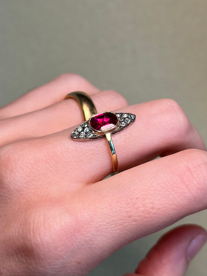 Antique ~2 Carat Ruby and Old Mine Cut Diamond Navette Ring