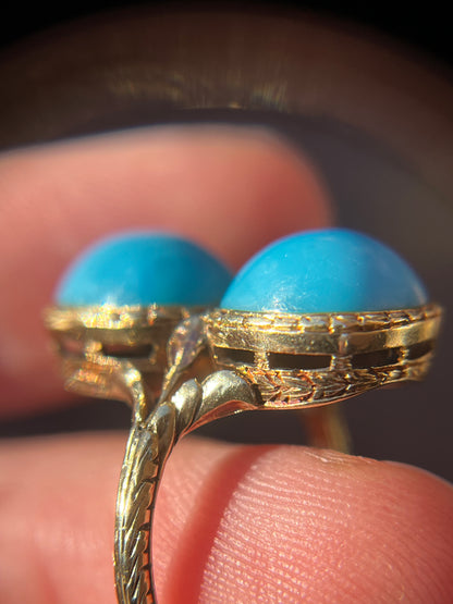 Antique 14K Yellow Gold Toi et Moi Ring with Blue Glass Cabochons