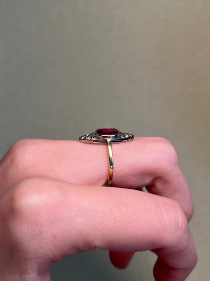 Antique ~2 Carat Ruby and Old Mine Cut Diamond Navette Ring