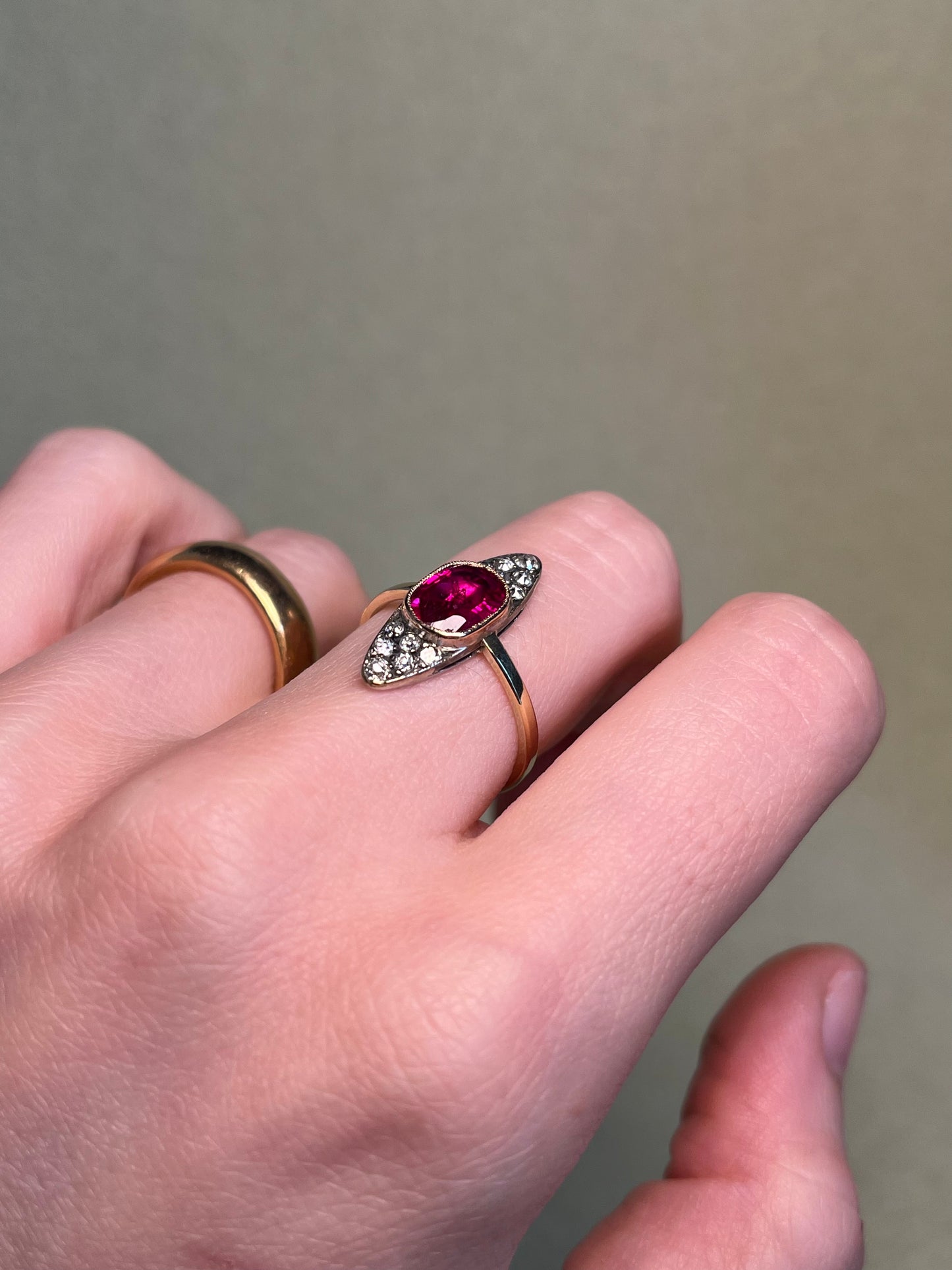 Antique ~2 Carat Ruby and Old Mine Cut Diamond Navette Ring