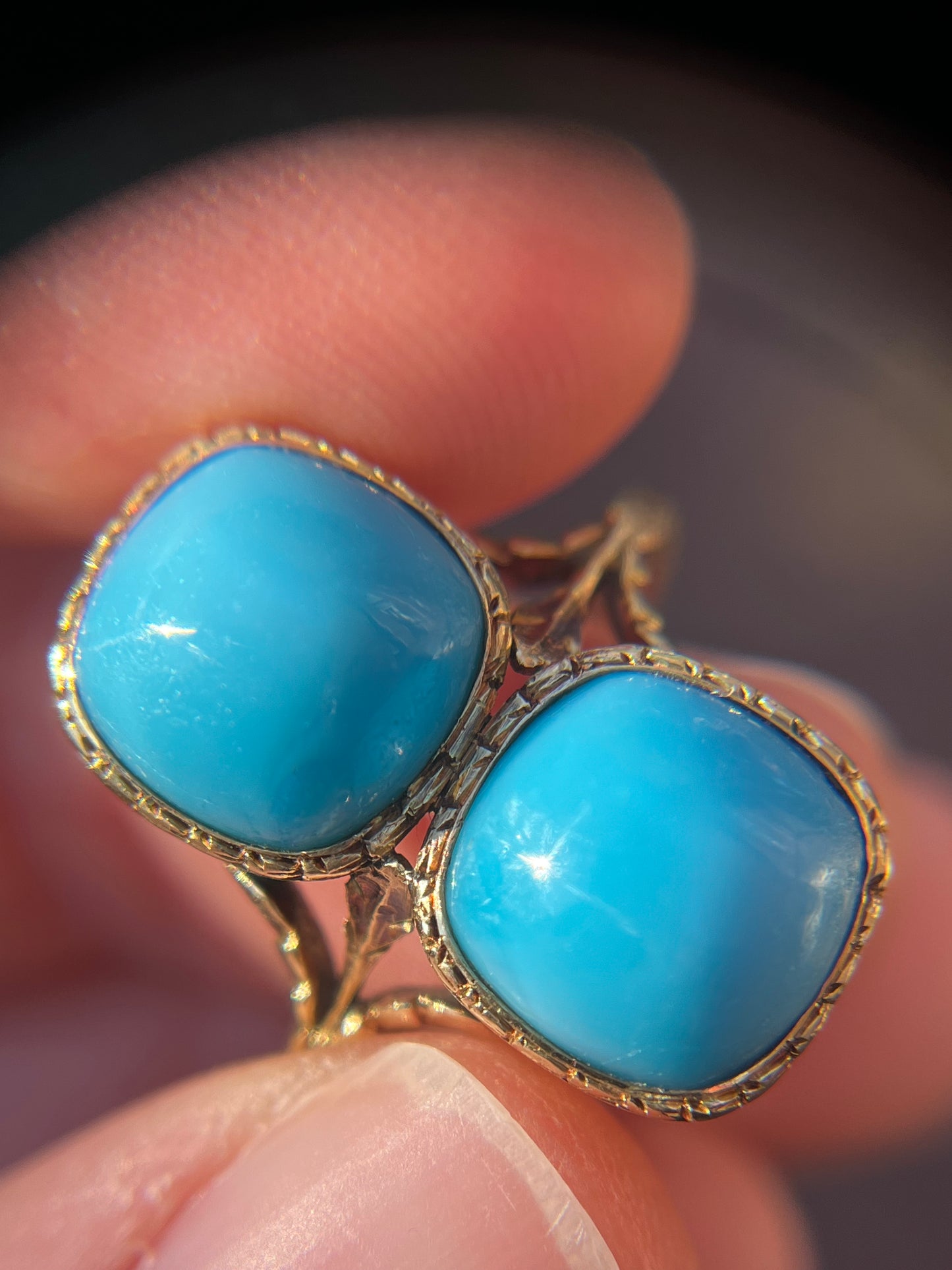 Antique 14K Yellow Gold Toi et Moi Ring with Blue Glass Cabochons