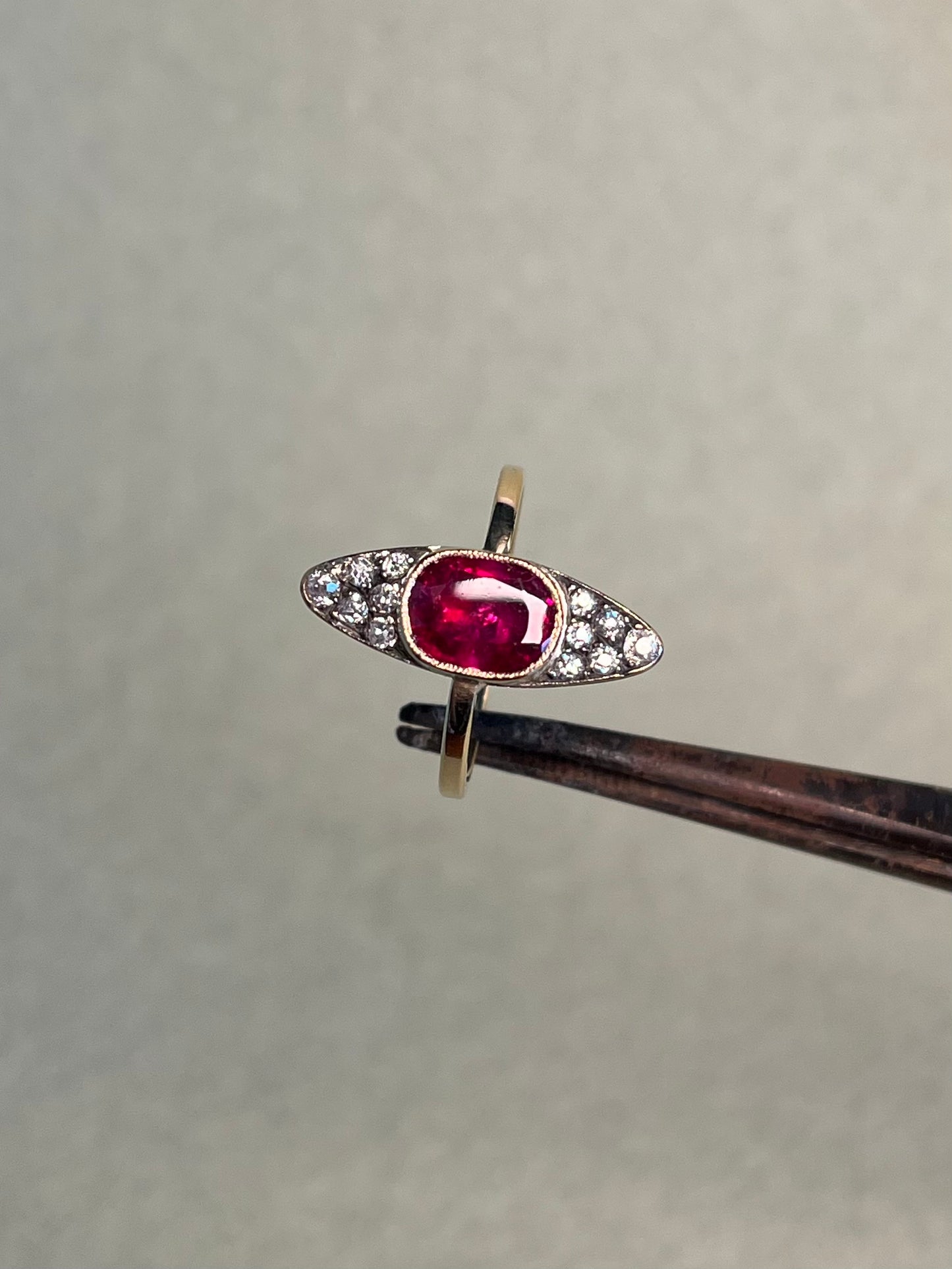 Antique ~2 Carat Ruby and Old Mine Cut Diamond Navette Ring