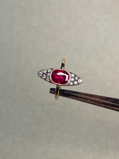 Antique ~2 Carat Ruby and Old Mine Cut Diamond Navette Ring