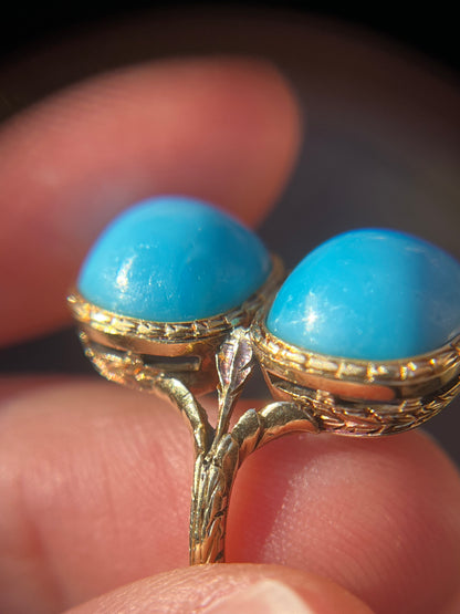 Antique 14K Yellow Gold Toi et Moi Ring with Blue Glass Cabochons