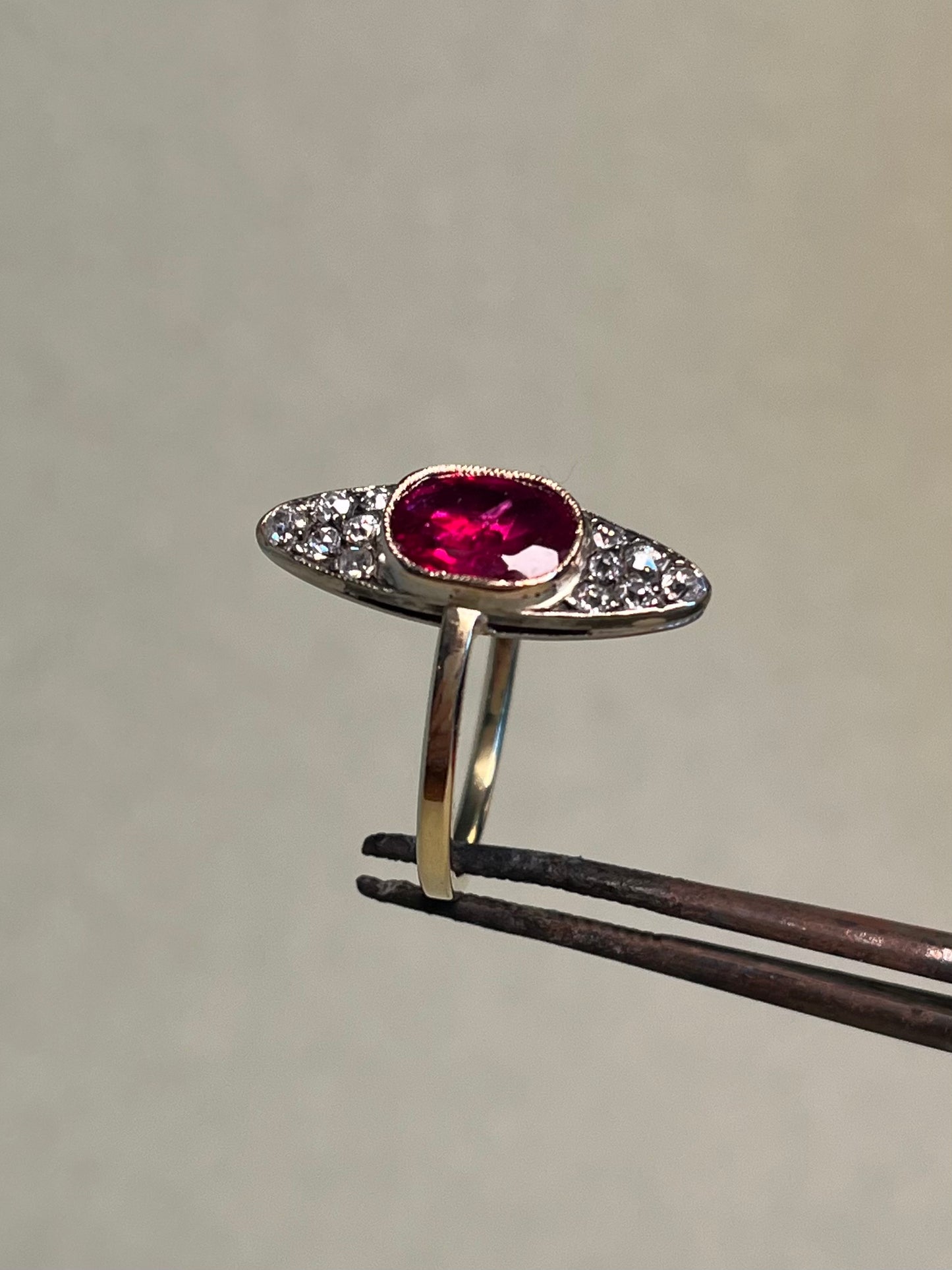 Antique ~2 Carat Ruby and Old Mine Cut Diamond Navette Ring
