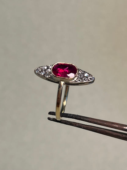 Antique ~2 Carat Ruby and Old Mine Cut Diamond Navette Ring
