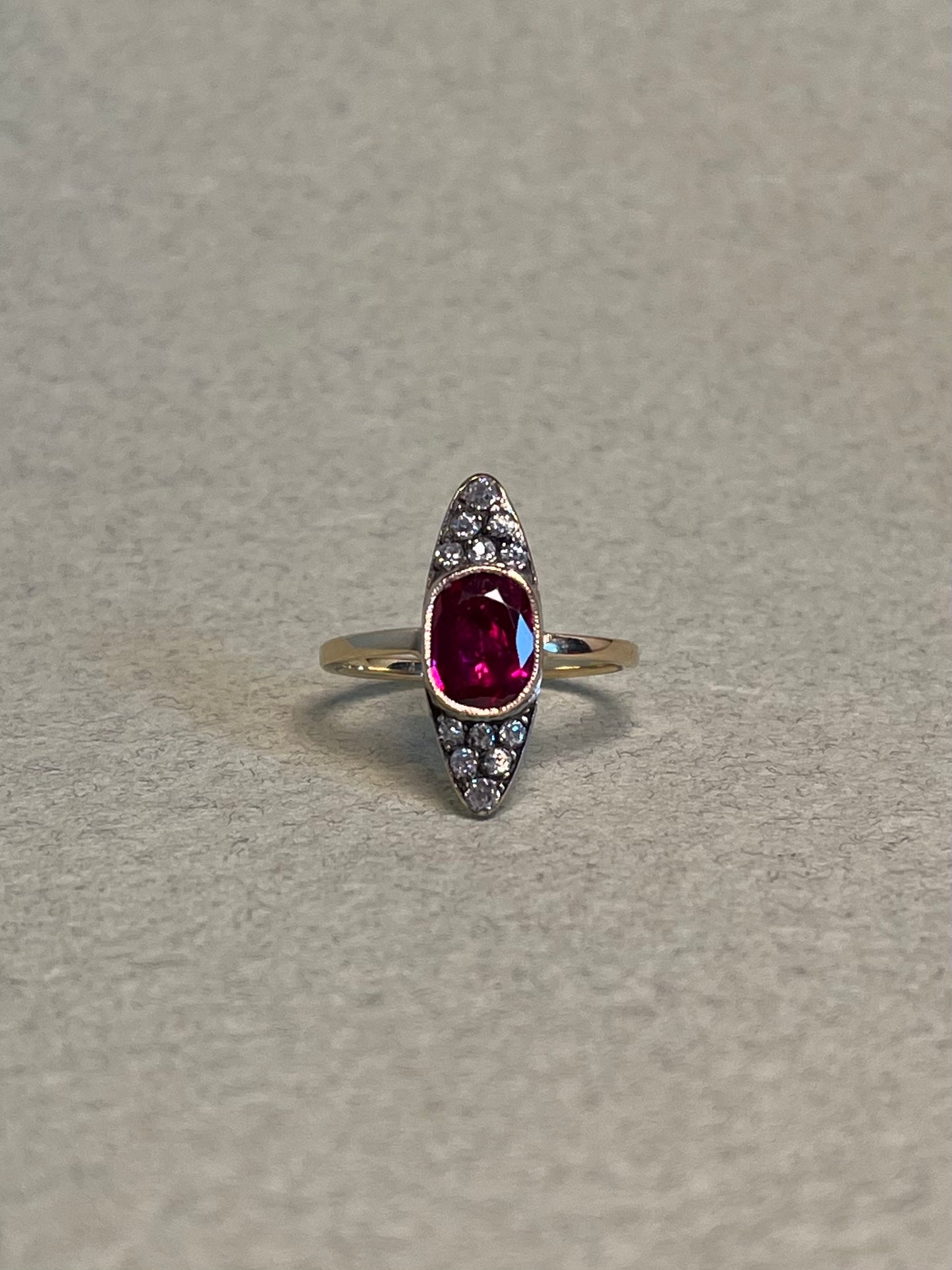 Antique ~2 Carat Ruby and Old Mine Cut Diamond Navette Ring