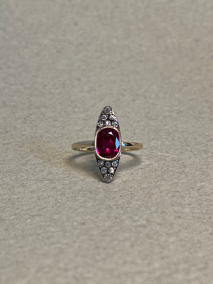 Antique ~2 Carat Ruby and Old Mine Cut Diamond Navette Ring