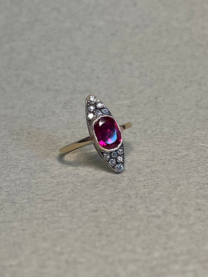 Antique ~2 Carat Ruby and Old Mine Cut Diamond Navette Ring
