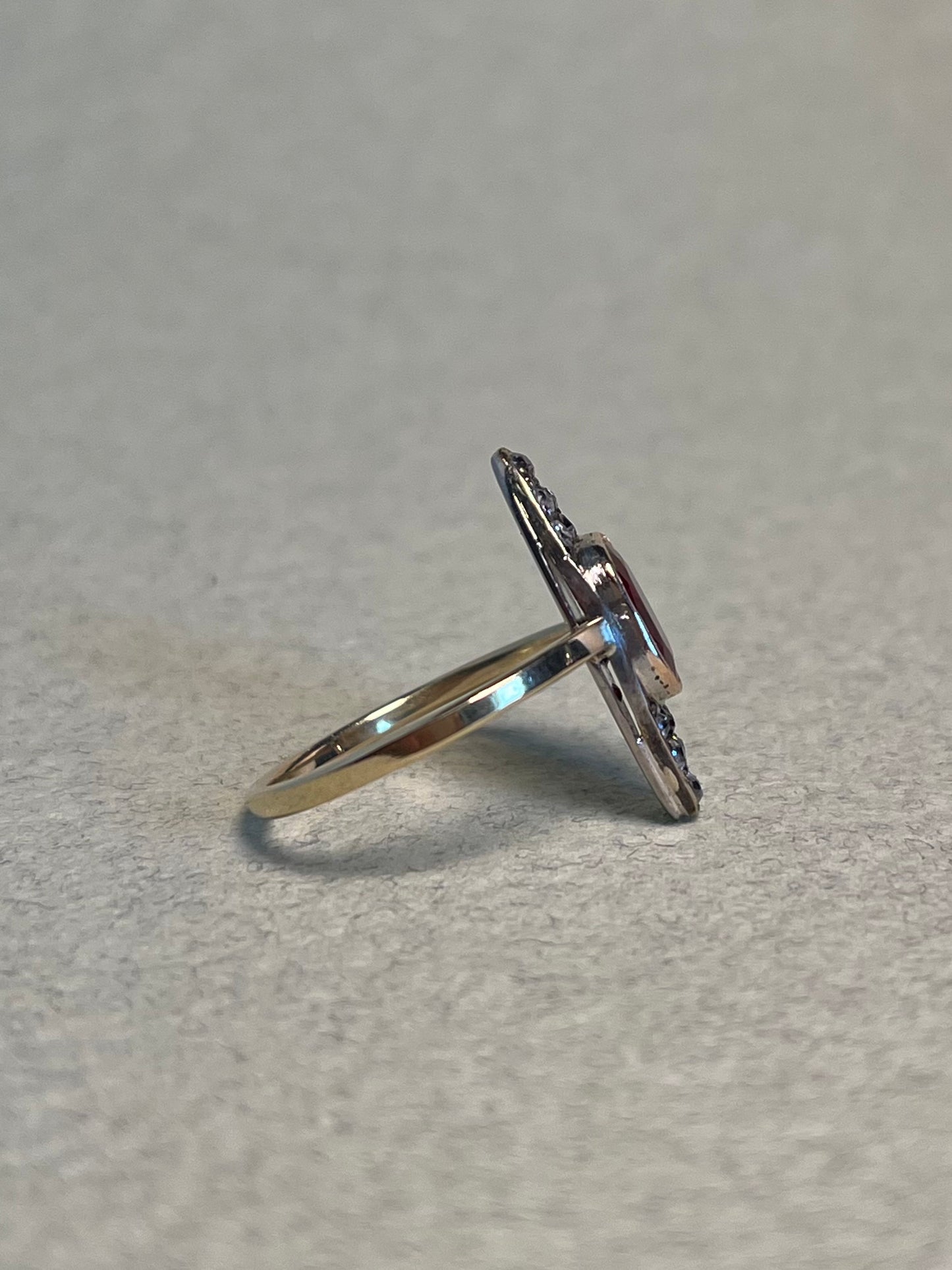 Antique ~2 Carat Ruby and Old Mine Cut Diamond Navette Ring