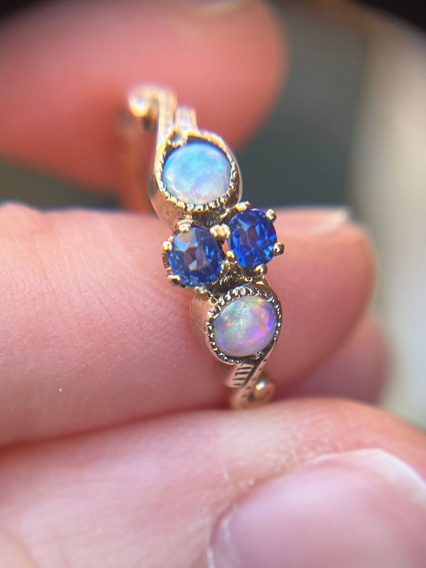 Antique 10K Rosy Gold Ring with Sapphires and Opals