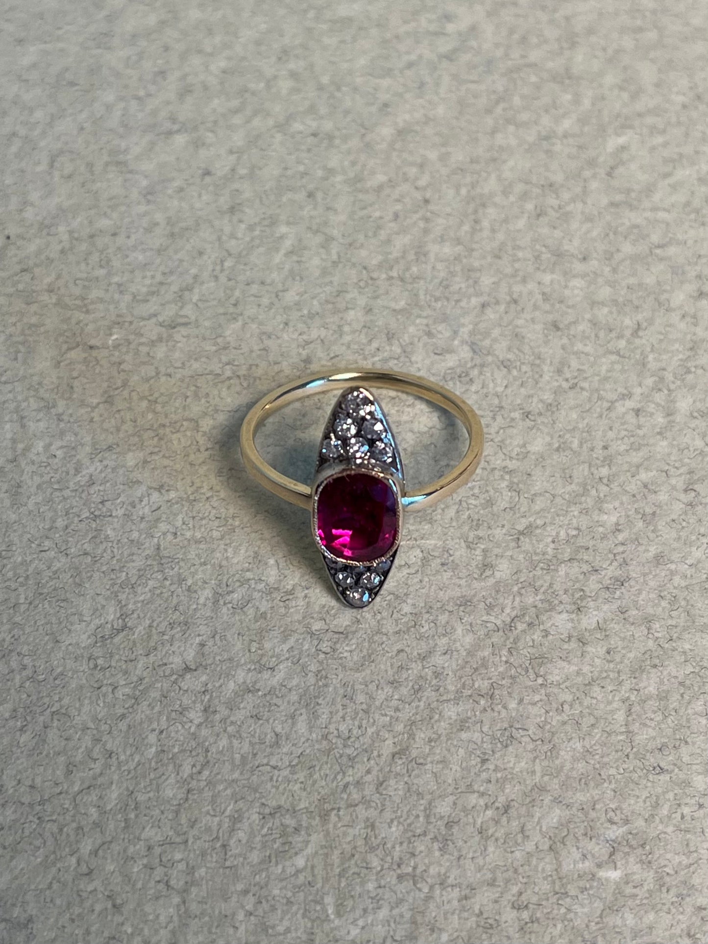 Antique ~2 Carat Ruby and Old Mine Cut Diamond Navette Ring