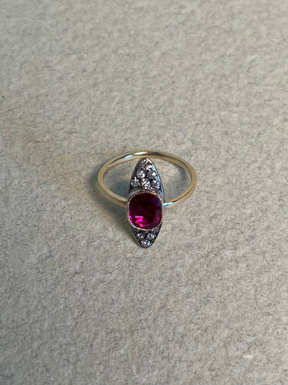 Antique ~2 Carat Ruby and Old Mine Cut Diamond Navette Ring