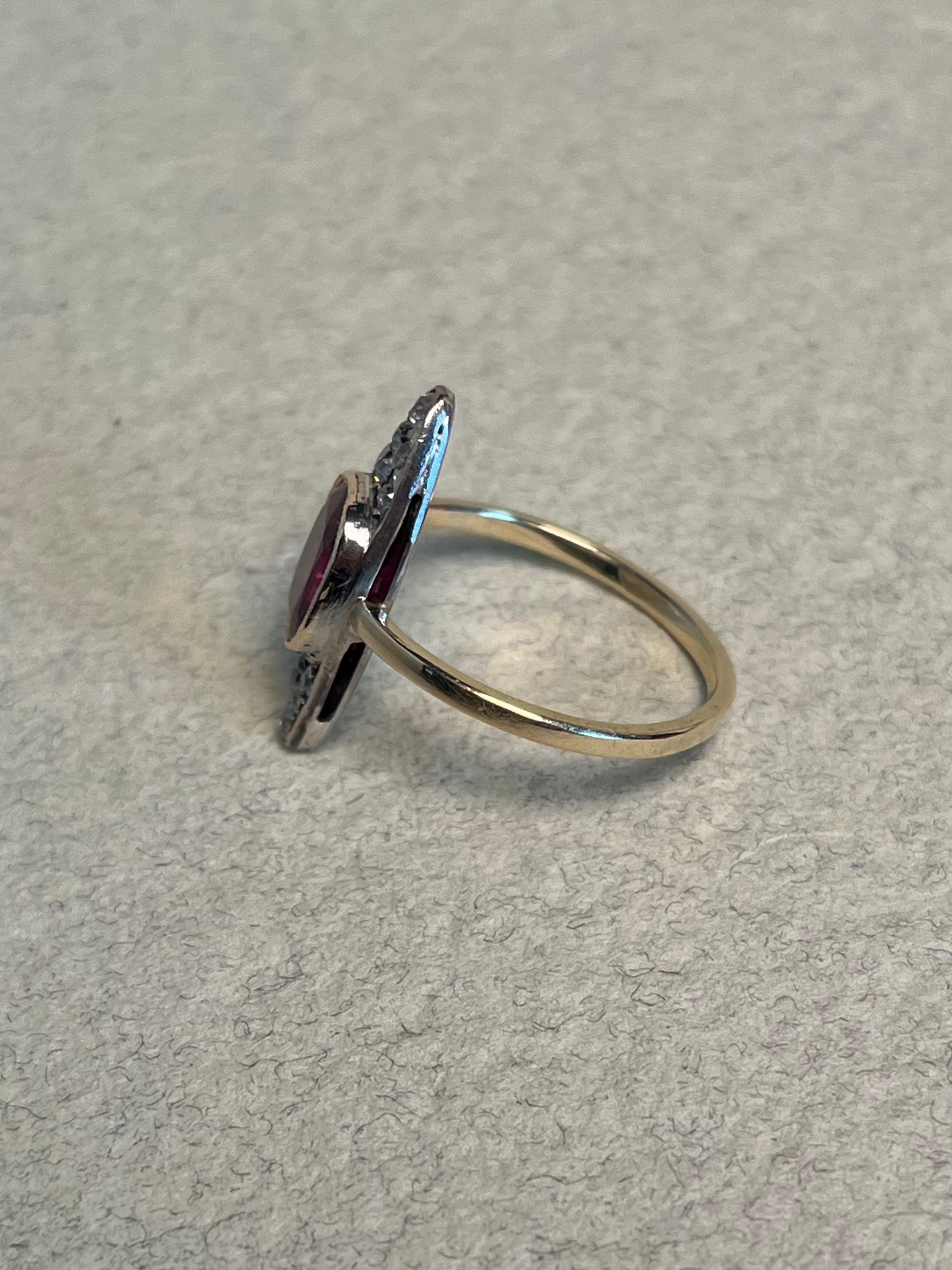 Antique ~2 Carat Ruby and Old Mine Cut Diamond Navette Ring