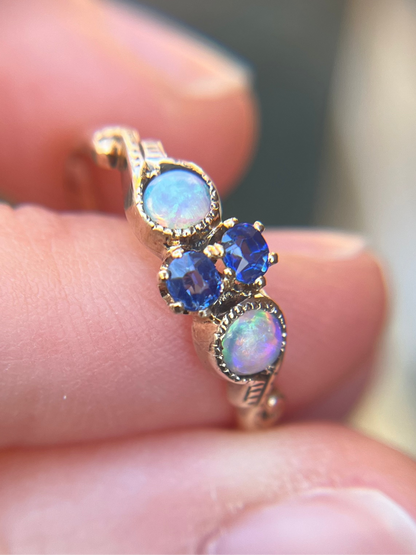 Antique 10K Rosy Gold Ring with Sapphires and Opals