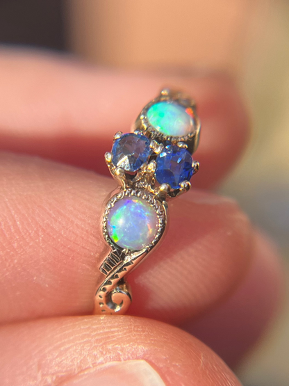 Antique 10K Rosy Gold Ring with Sapphires and Opals