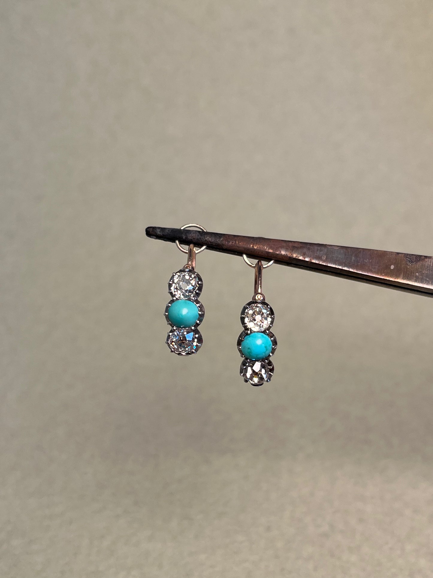 Georgian Collet Poissarde Hoop Earrings with Old Mine Cut Diamonds and Turquoise