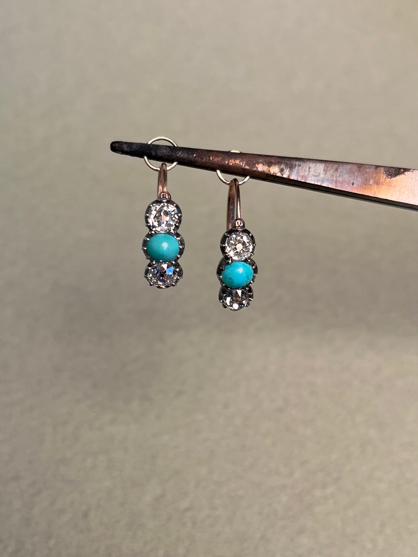 Georgian Collet Poissarde Hoop Earrings with Old Mine Cut Diamonds and Turquoise