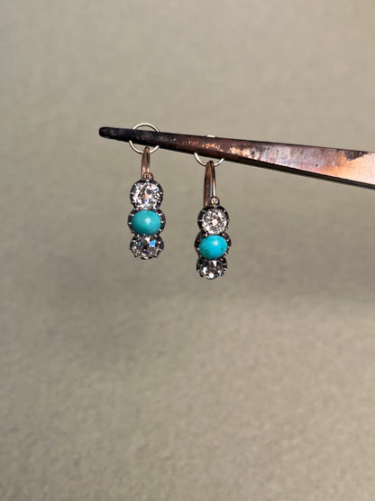 Georgian Collet Poissarde Hoop Earrings with Old Mine Cut Diamonds and Turquoise
