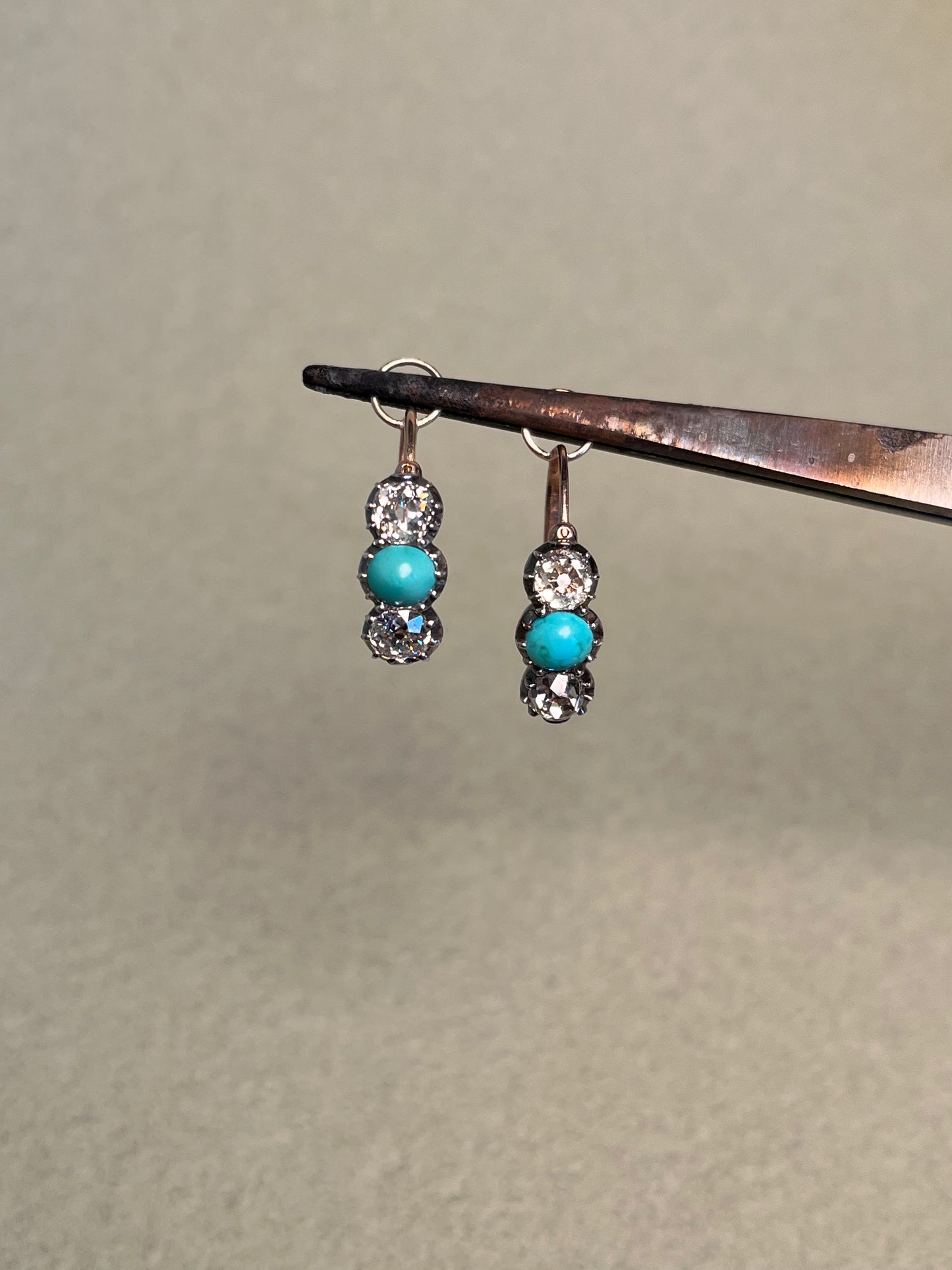 Georgian Collet Poissarde Hoop Earrings with Old Mine Cut Diamonds and Turquoise