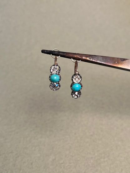 Georgian Collet Poissarde Hoop Earrings with Old Mine Cut Diamonds and Turquoise
