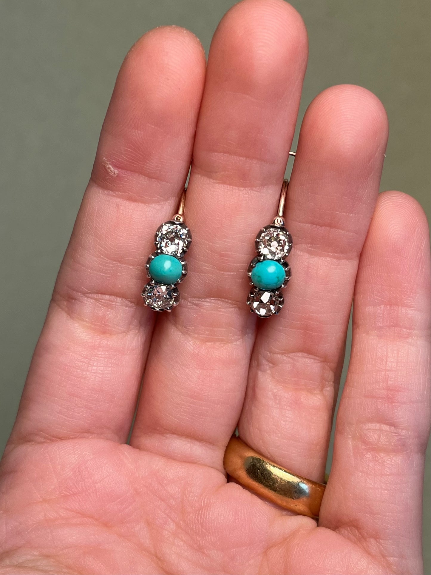 Georgian Collet Poissarde Hoop Earrings with Old Mine Cut Diamonds and Turquoise
