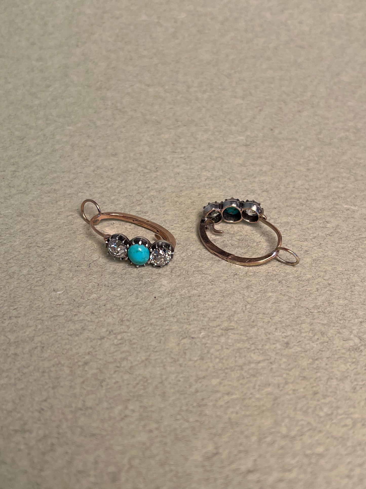 Georgian Collet Poissarde Hoop Earrings with Old Mine Cut Diamonds and Turquoise