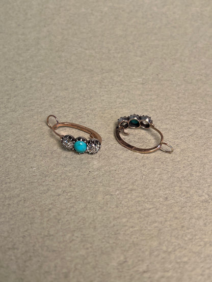 Georgian Collet Poissarde Hoop Earrings with Old Mine Cut Diamonds and Turquoise