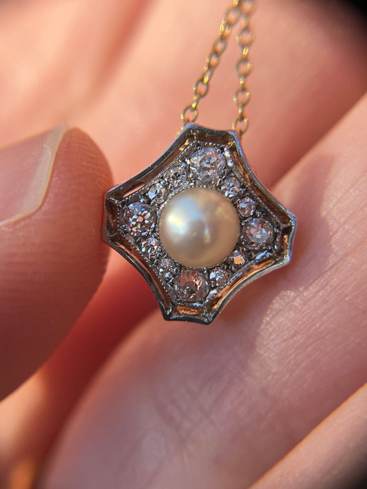 Antique Platinum and 14K, Old Cut Diamond and Untested Pearl Slide Pendant